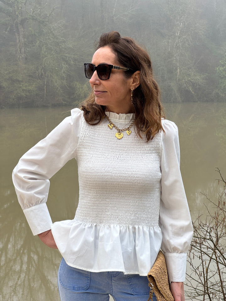 Top manche longue cintré avec volant blanc MILOE