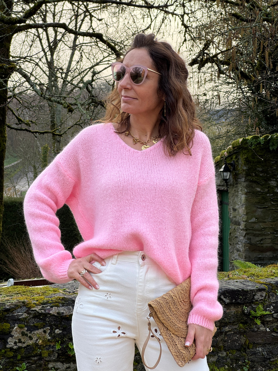 Pull rose en maille col V NADEGE