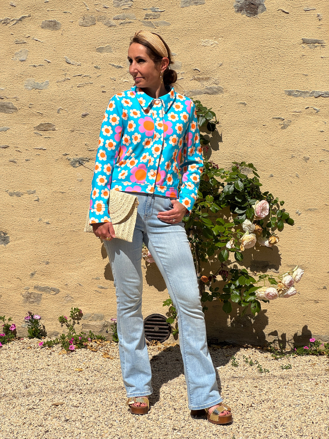 Veste marguerites bleu turquoise FLOWER POWER Hippocampe