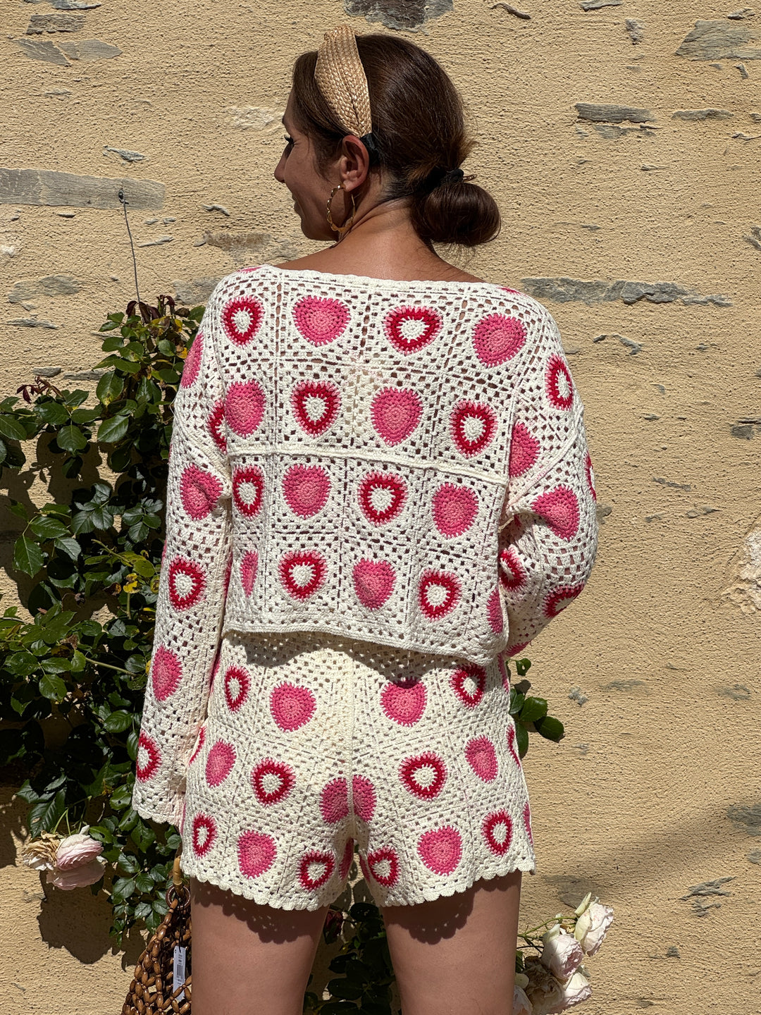 Short crochet rose rouge et écru YUNA