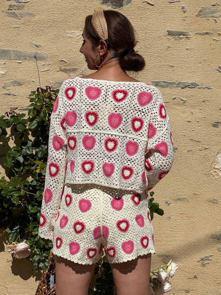 Short crochet rose rouge et écru YUNA