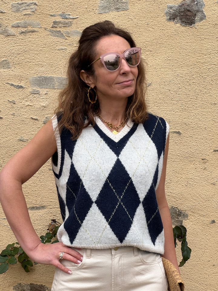 Pull écru marine sans manches col V ARSENE