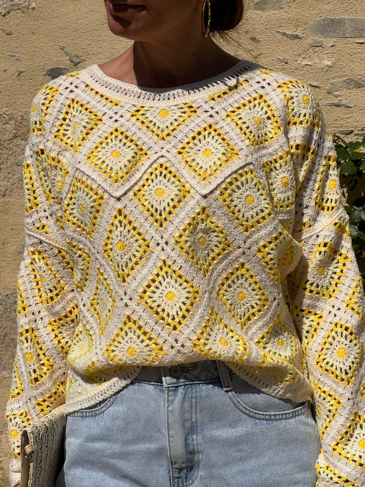 Top crochet jaune et écru AZELIE