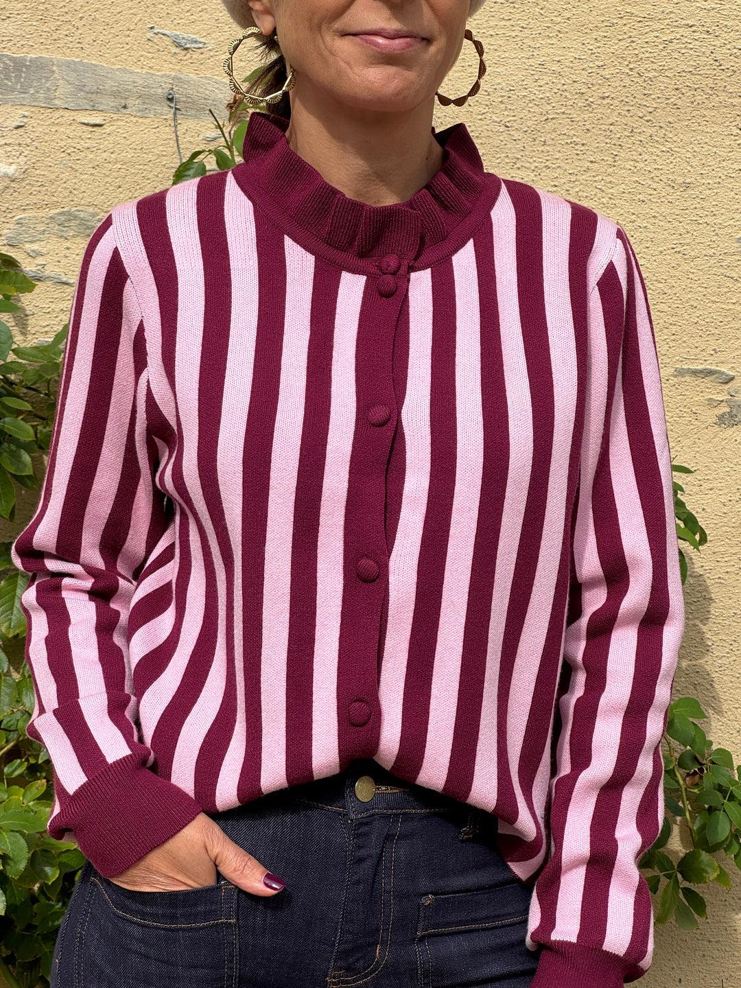 Gilet Bordeaux Rose rayures SOLEANE