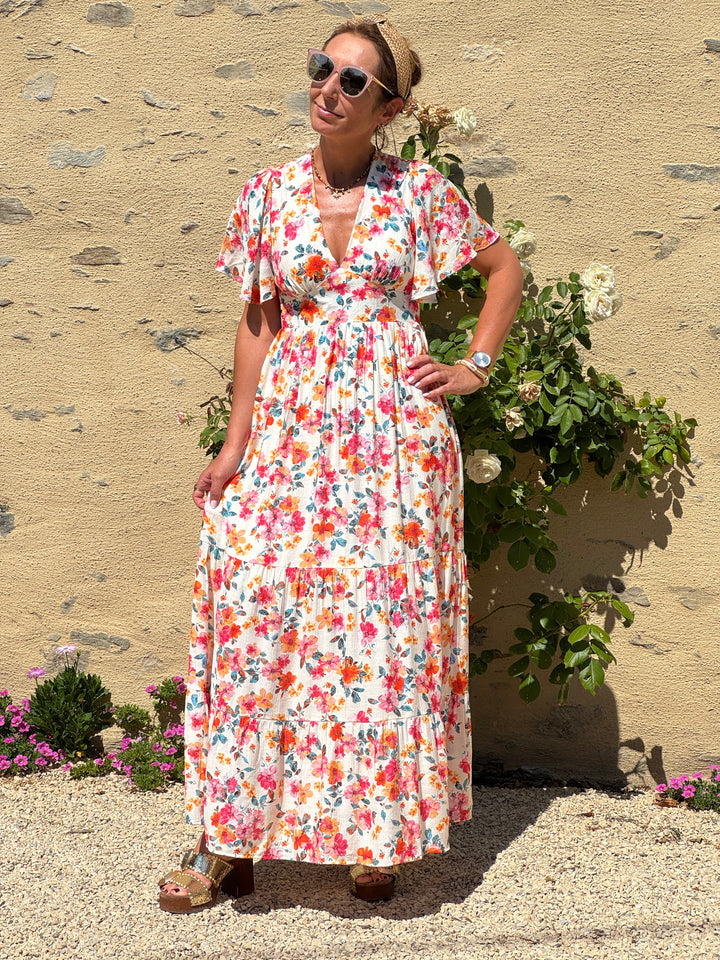 Robe imprimé floral multicolore fond beige MIRANDA In April 1986