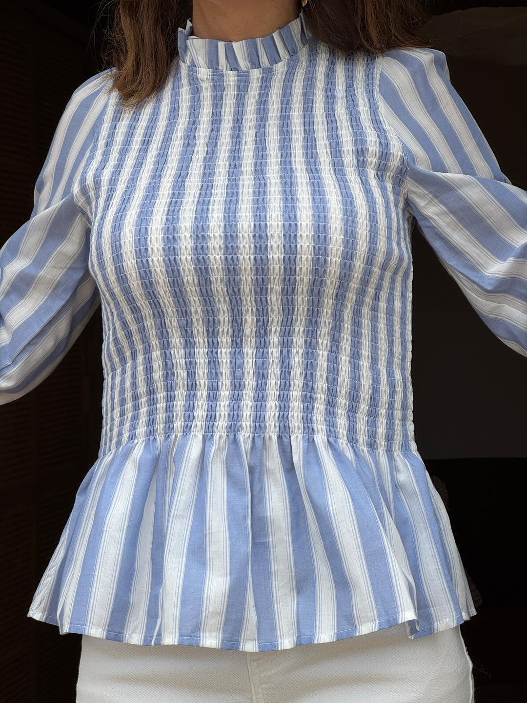 Top manche longue cintré avec volant rayures blanche et ciel MILOE