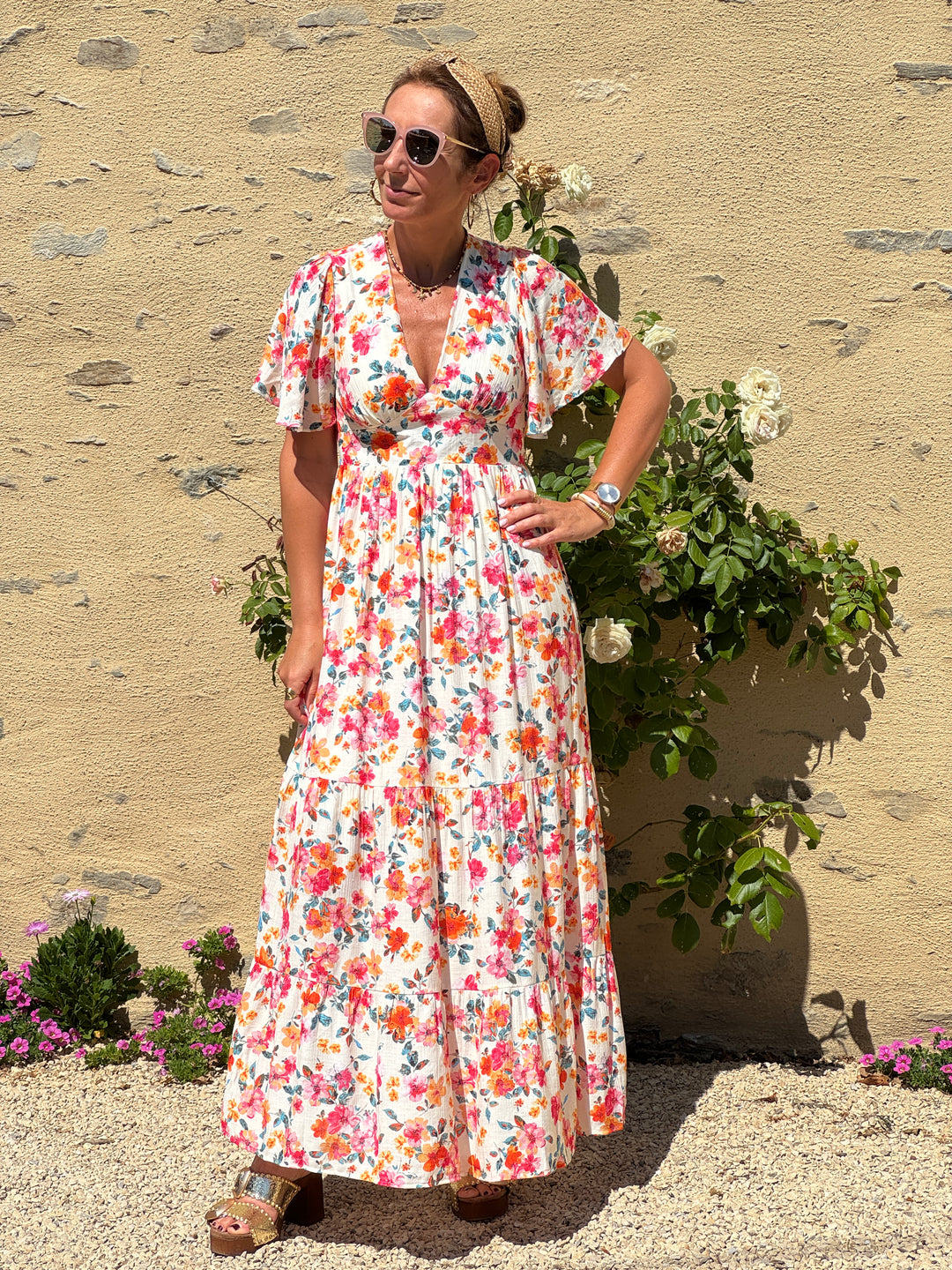 Robe imprimé floral multicolore fond beige MIRANDA In April 1986