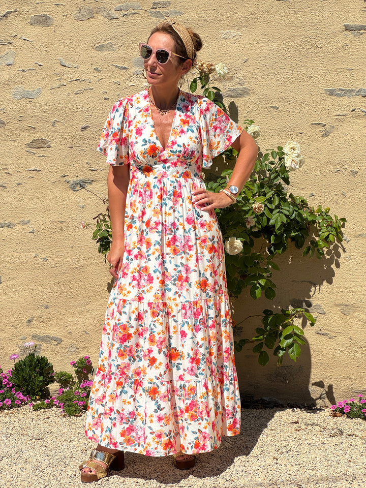 Robe imprimé floral multicolore fond beige MIRANDA In April 1986