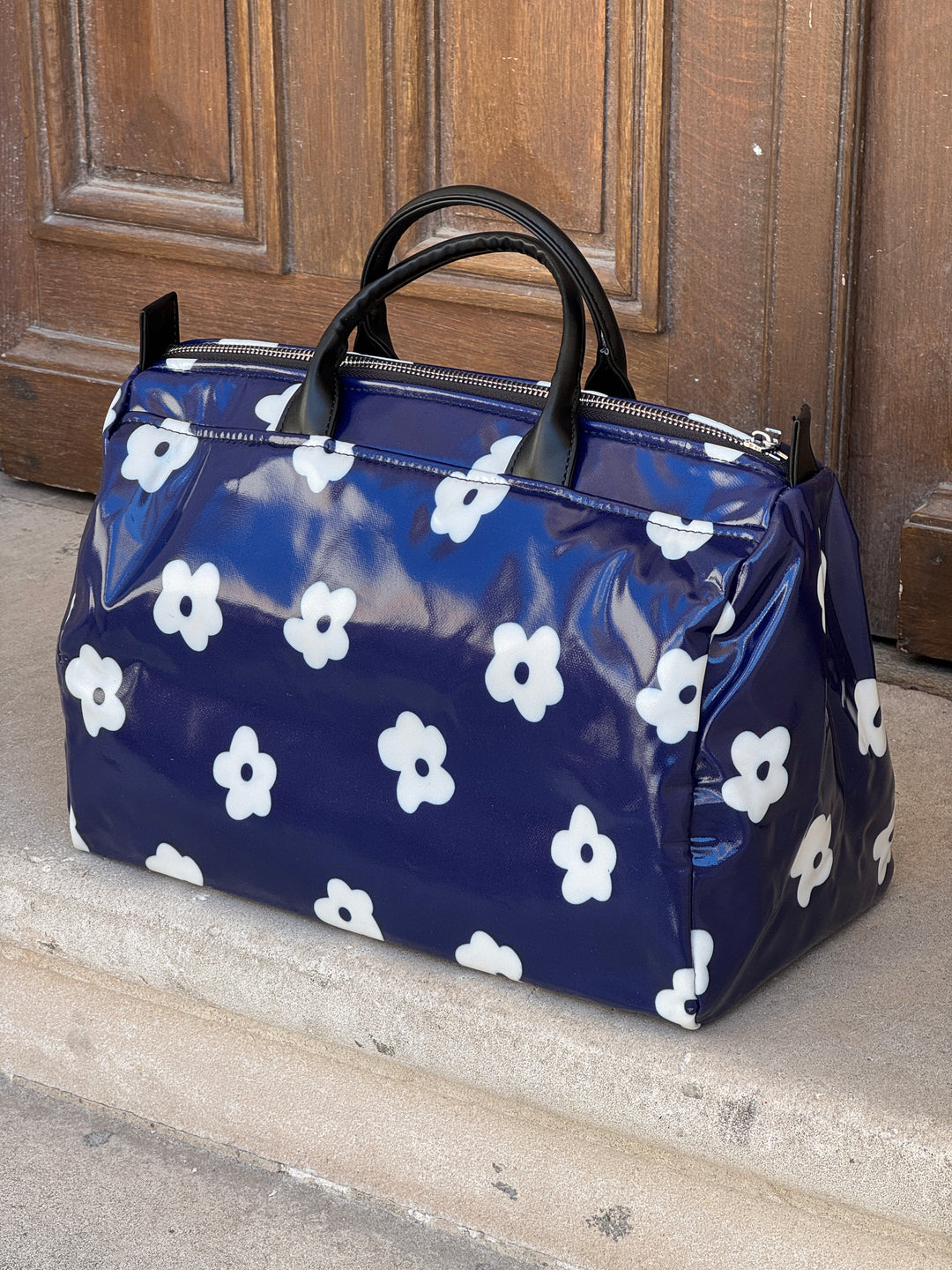 Navy bag printed with white flowers N°180 BOWLING Hippocampe