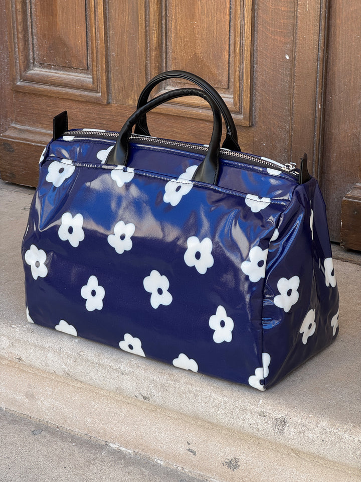 Navy bag printed with white flowers N°180 BOWLING Hippocampe