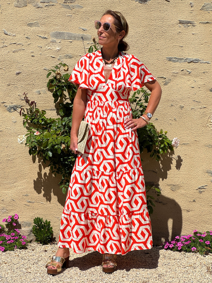 Robe imprimé géométrique orange fond beige ISLEY In April 1986