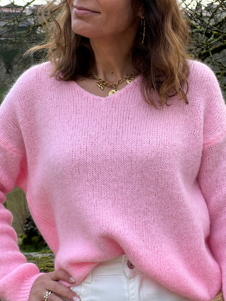 Pull rose en maille col V NADEGE