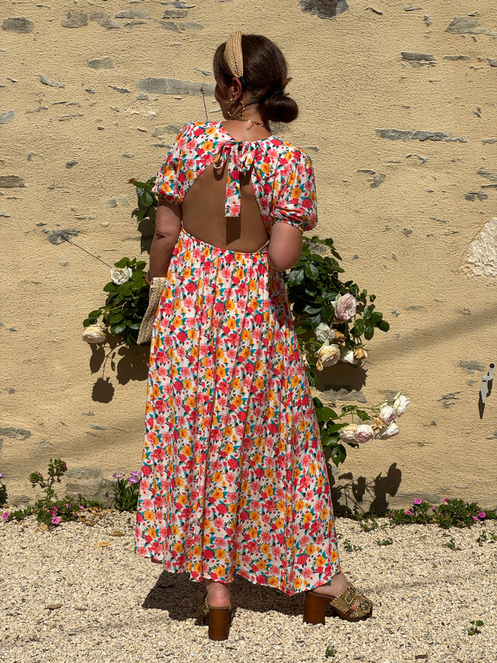 Robe imprimé floral multico pastel fond beige MARION