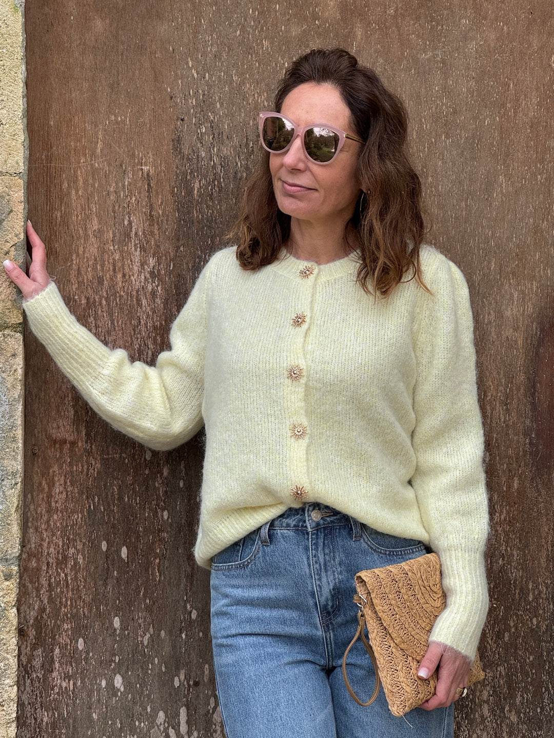 Gilet jaune boutons soleils dorés EMERIC