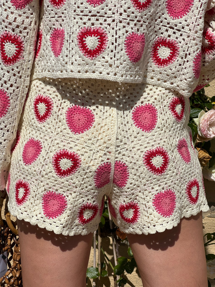 Short crochet rose rouge et écru YUNA