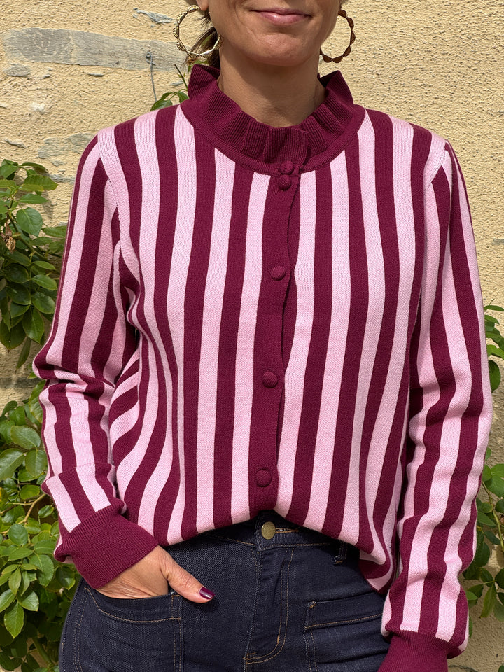 Gilet Bordeaux Rose rayures SOLEANE