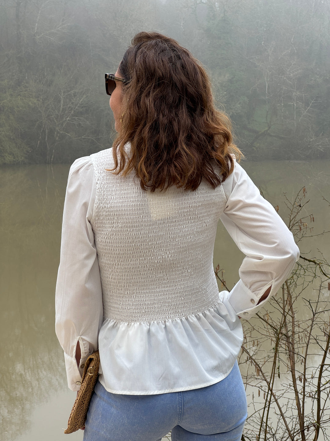 Top manche longue cintré avec volant blanc MILOE