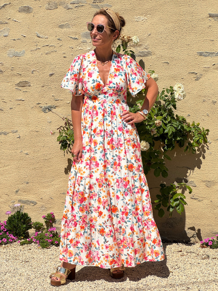 Robe imprimé floral multicolore fond beige MIRANDA In April 1986