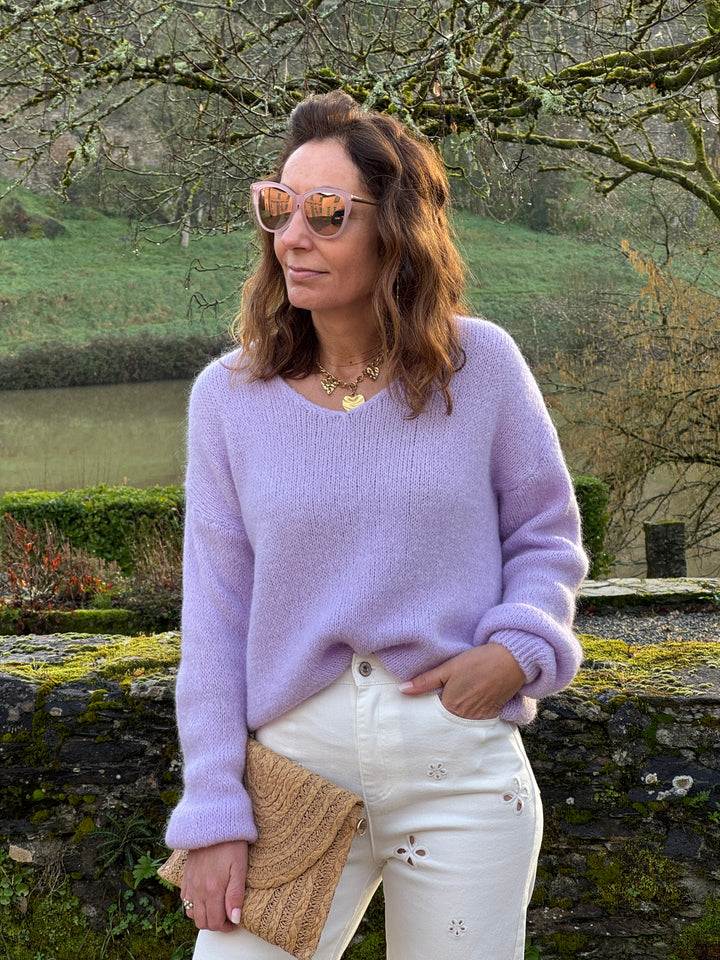 Lila Strickpullover mit V-Ausschnitt NADEGE