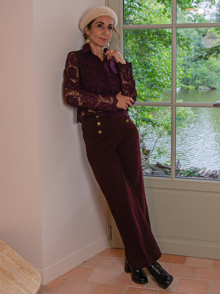 Chemise bordeaux broderies florales ANNA