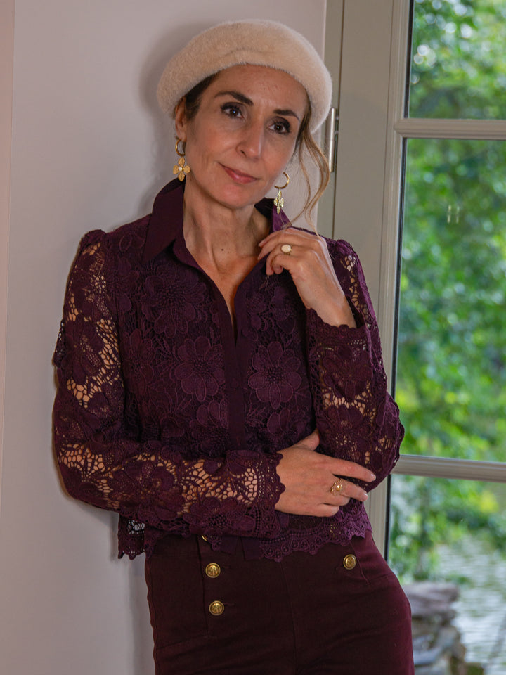 Chemise bordeaux broderies florales ANNA