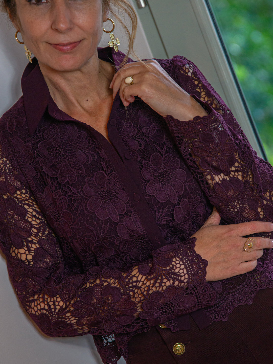 Chemise bordeaux broderies florales ANNA