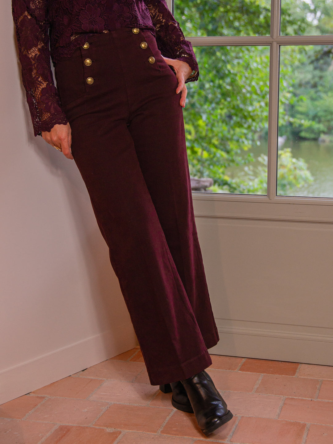 Jeans denim bordeaux à pont VICTORINE Oraije