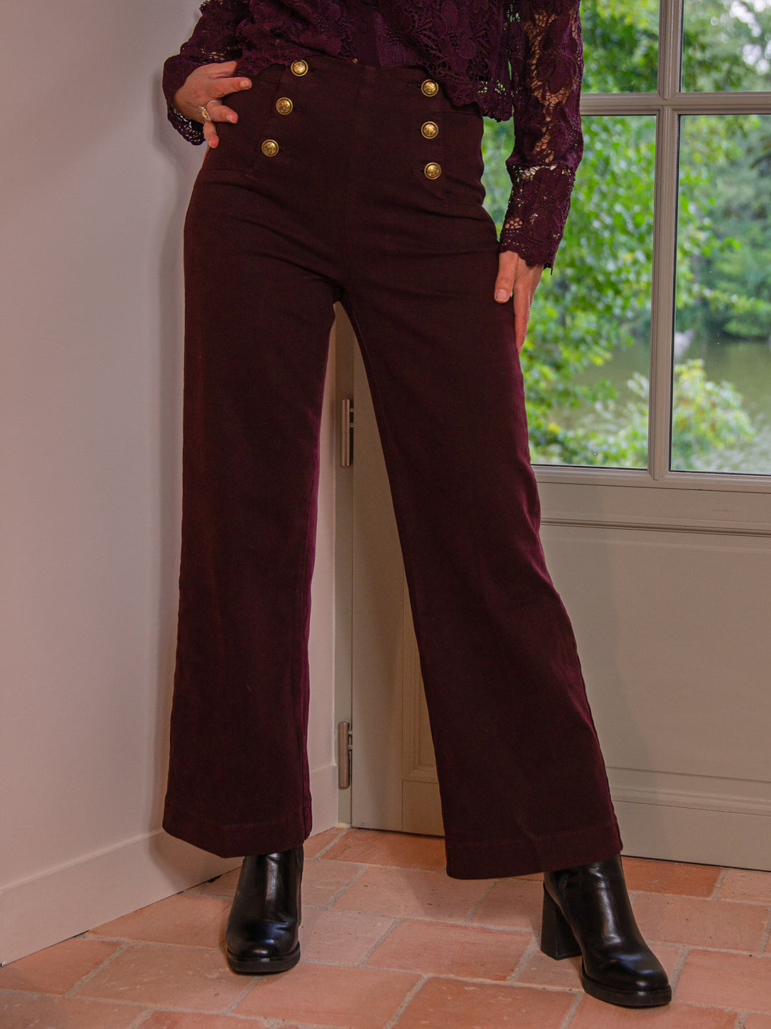 Jeans denim bordeaux à pont VICTORINE Oraije