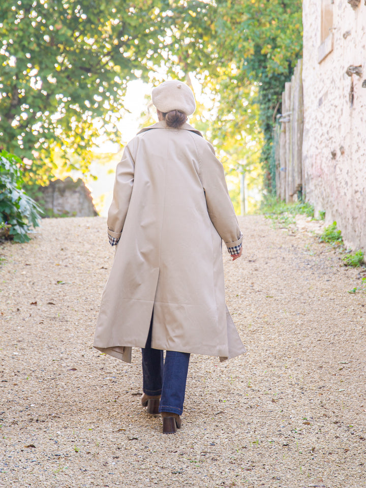 Trench long beige détail vichy marine et chocolat CALYSPSA