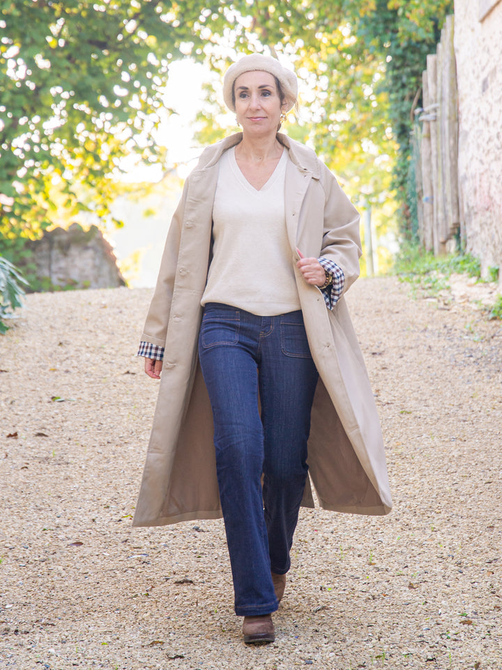 Trench long beige détail vichy marine et chocolat CALYSPSA