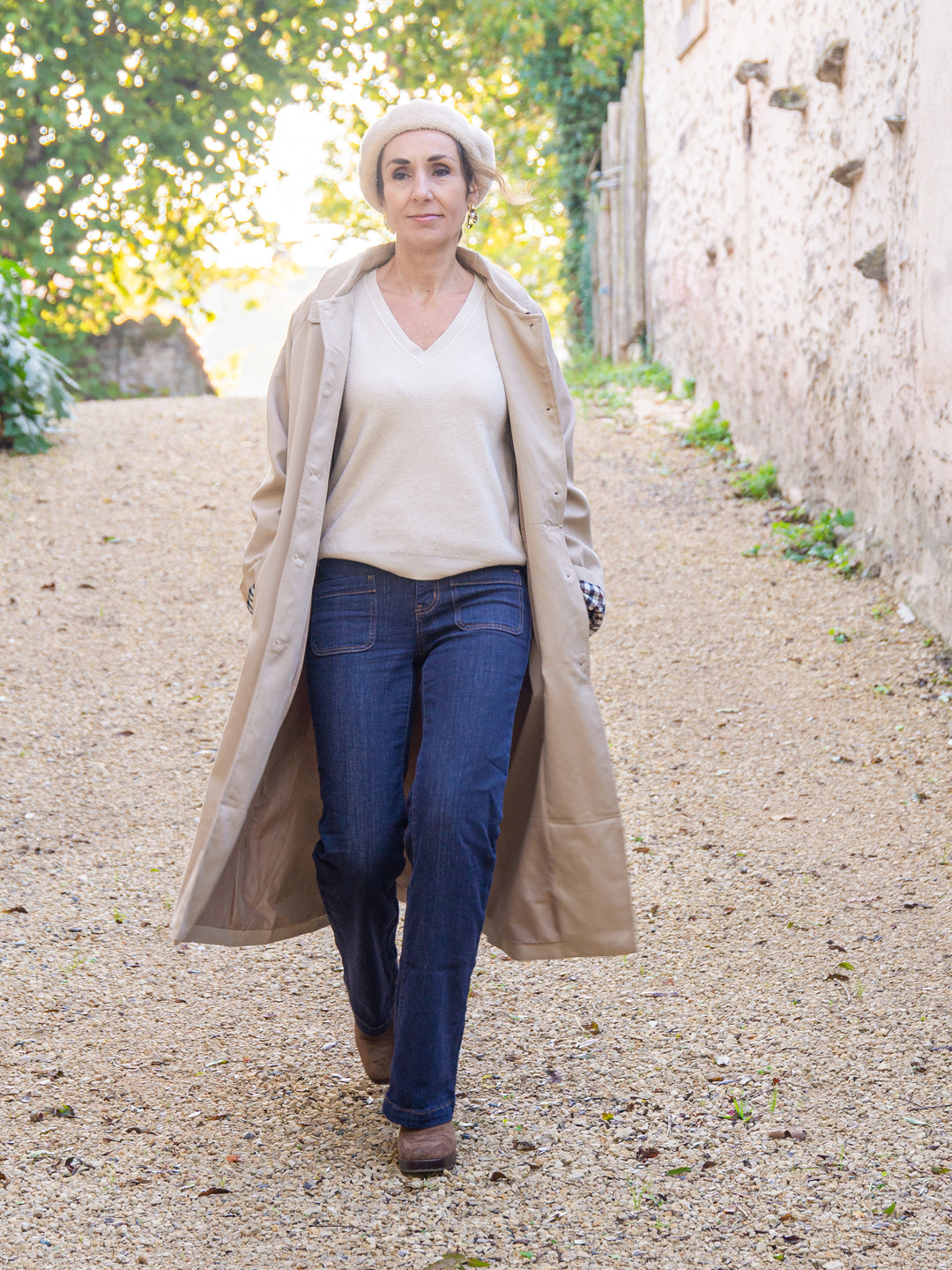 Trench long beige détail vichy marine et chocolat CALYSPSA