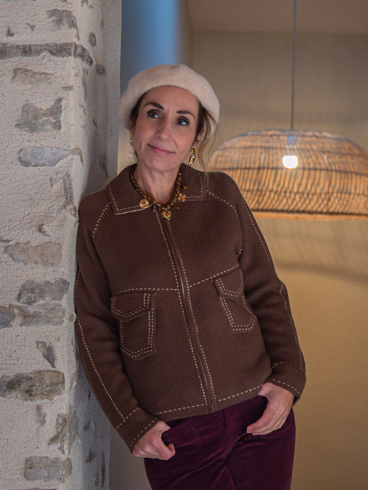 Chocolate vest with white faux stitching AMBRE