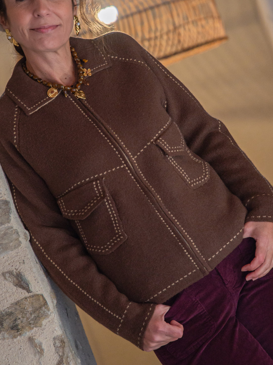 Chocolate vest with white faux stitching AMBRE