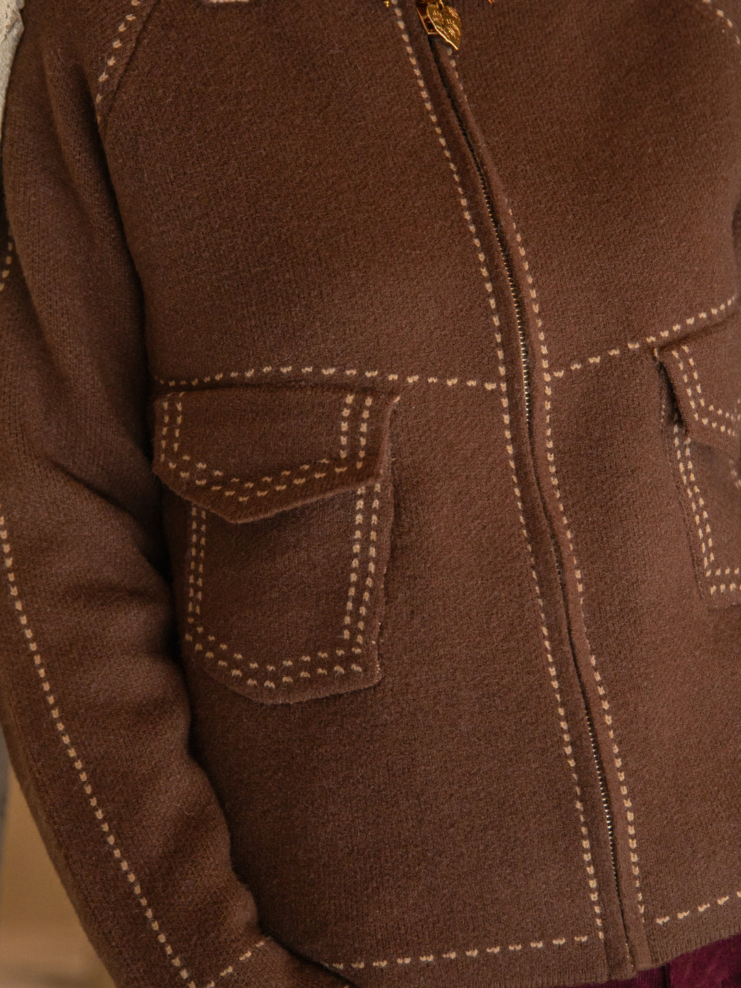 Chocolate vest with white faux stitching AMBRE