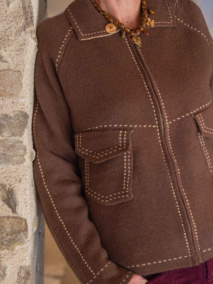 Chocolate vest with white faux stitching AMBRE