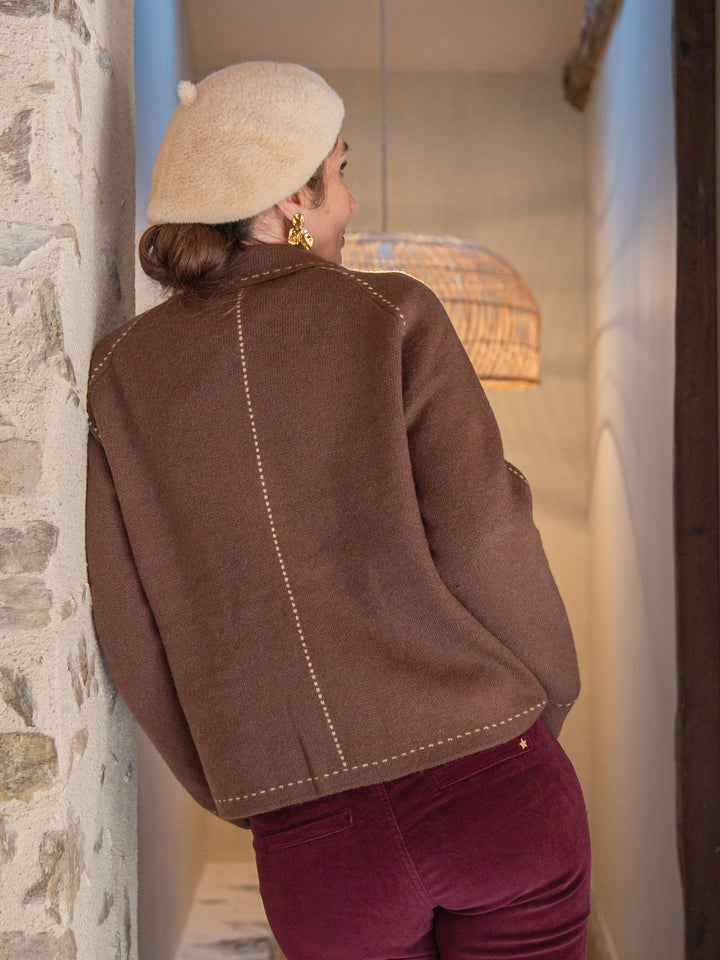 Chocolate vest with white faux stitching AMBRE