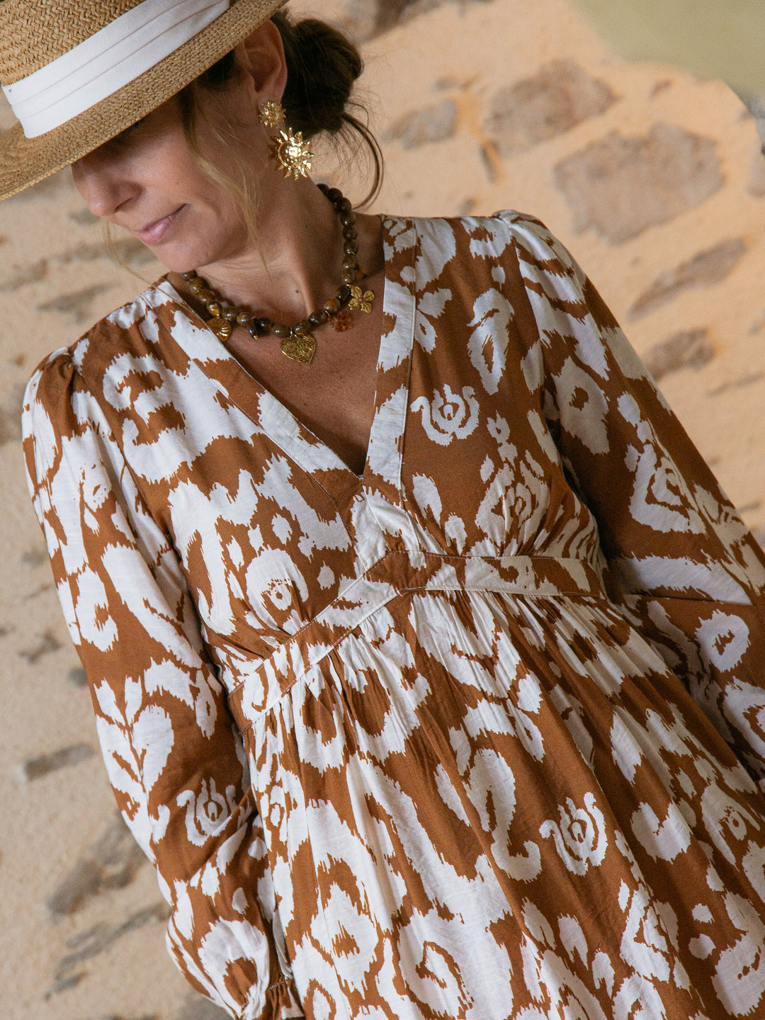 Robe longue camel imprimé ethnique AMAYA