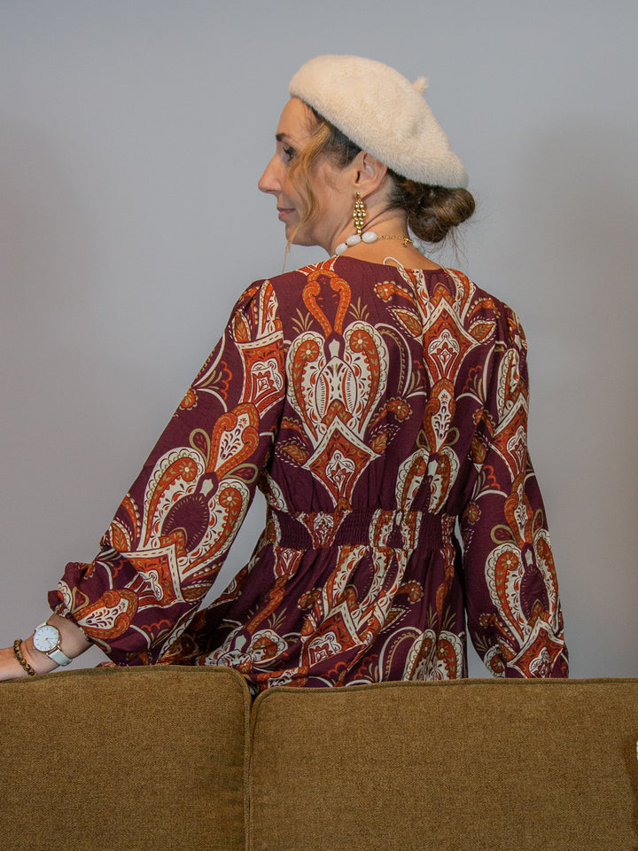 NORA long burgundy and ecru bohemian print dress