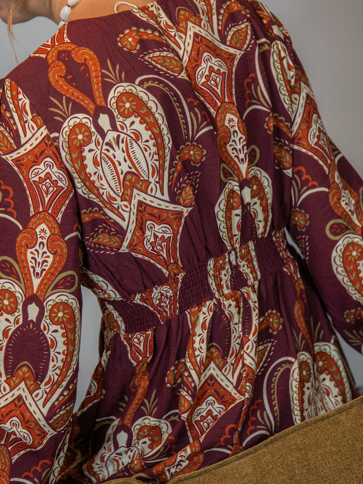 NORA long burgundy and ecru bohemian print dress