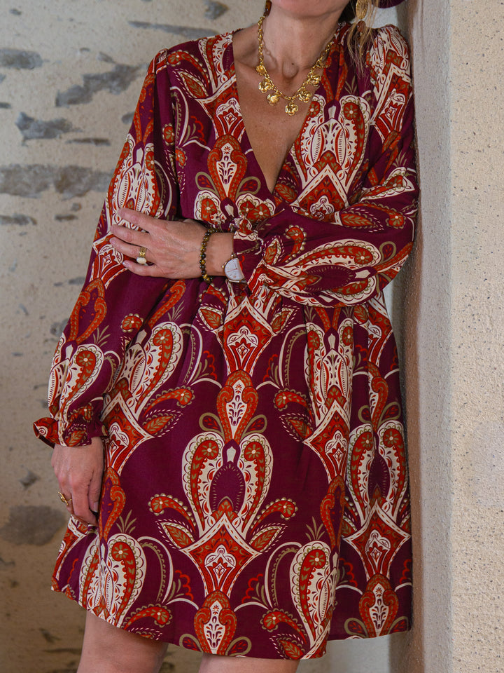Robe courte bordeaux et écru imprimé bohème SERAPHINE