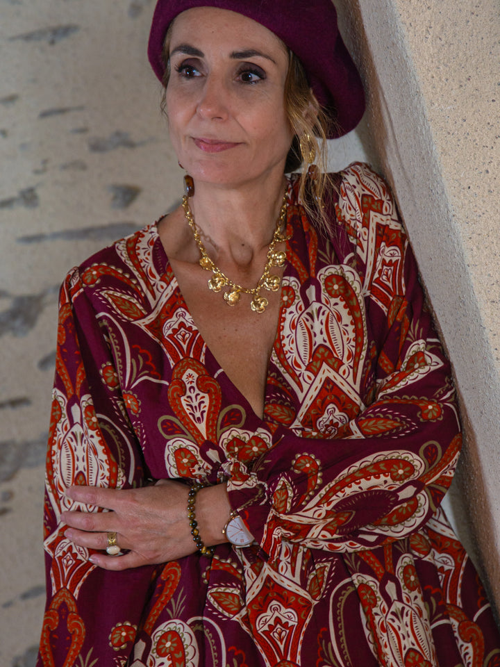 Robe courte bordeaux et écru imprimé bohème SERAPHINE
