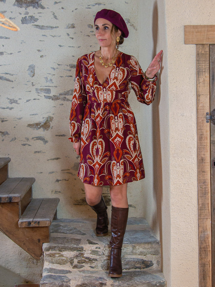 Robe courte bordeaux et écru imprimé bohème SERAPHINE