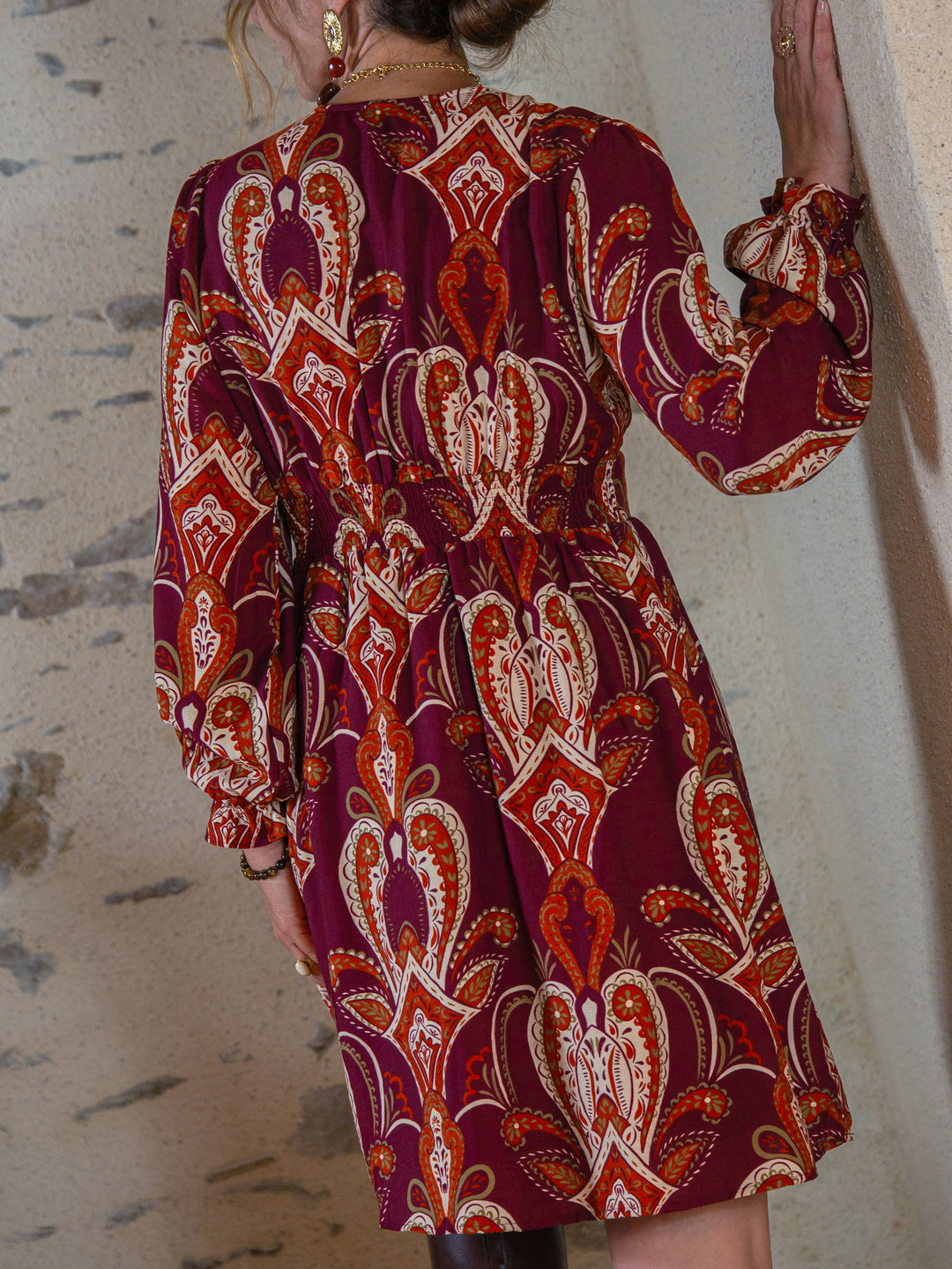 Robe courte bordeaux et écru imprimé bohème SERAPHINE