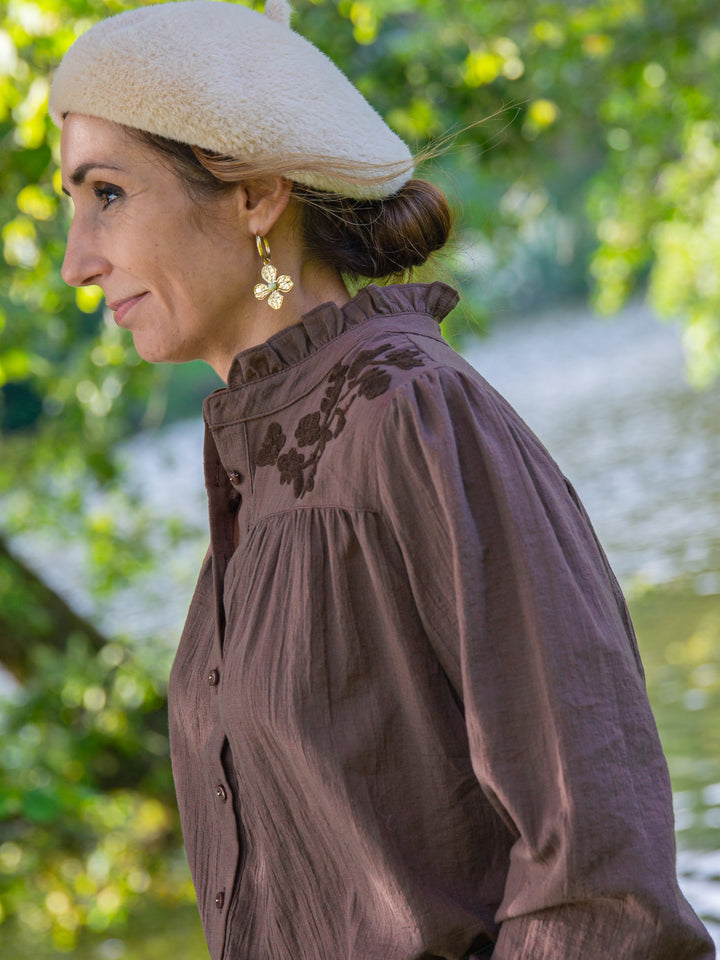 Chemisier chocolat broderies florales ADELIE