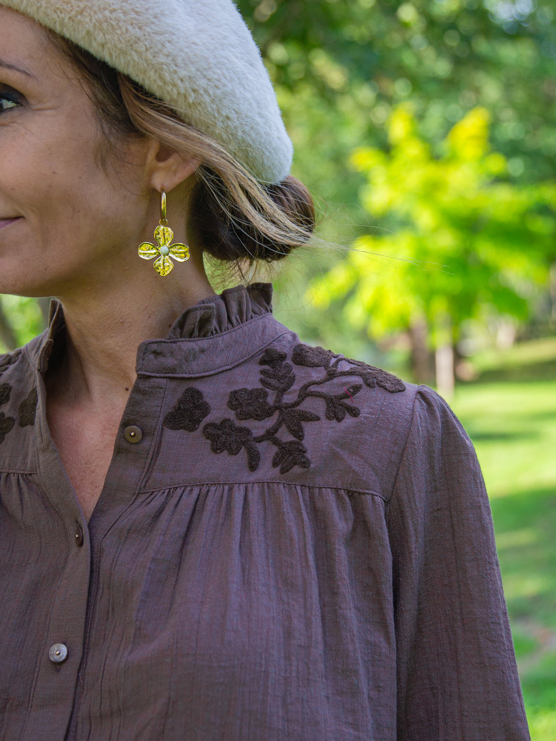 Chemisier chocolat broderies florales ADELIE