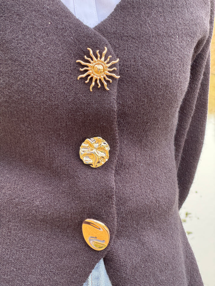 Gilet noir col V boutons bijoux soleil CHARLIE