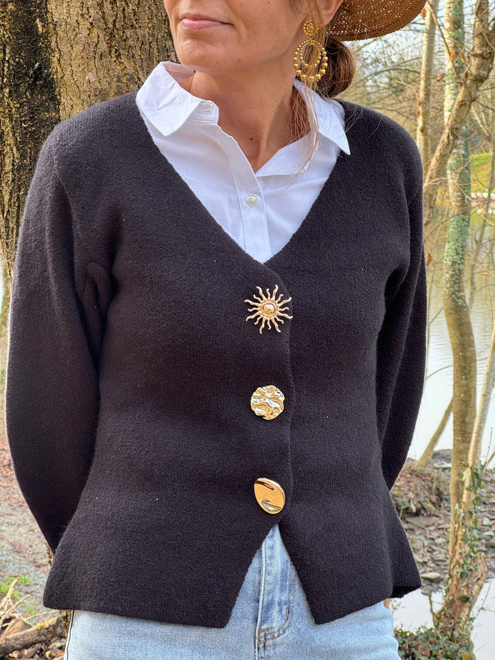 Gilet noir col V boutons bijoux soleil CHARLIE