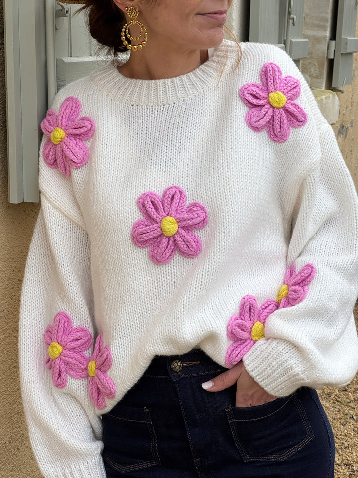 Pull écru marguerite rose col rond COQUELICOT