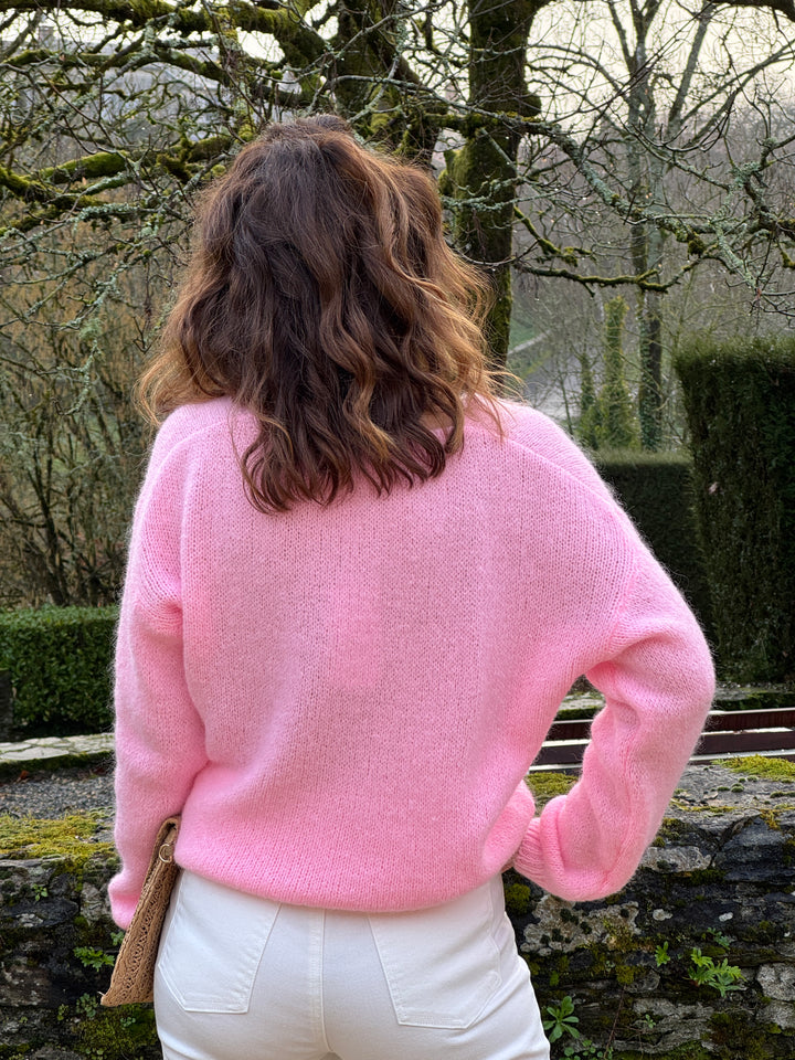 Pull rose en maille col V NADEGE