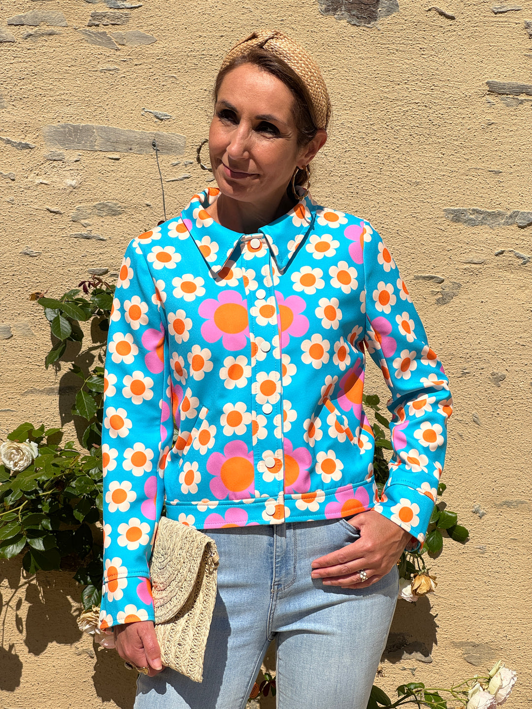 Veste marguerites bleu turquoise FLOWER POWER Hippocampe